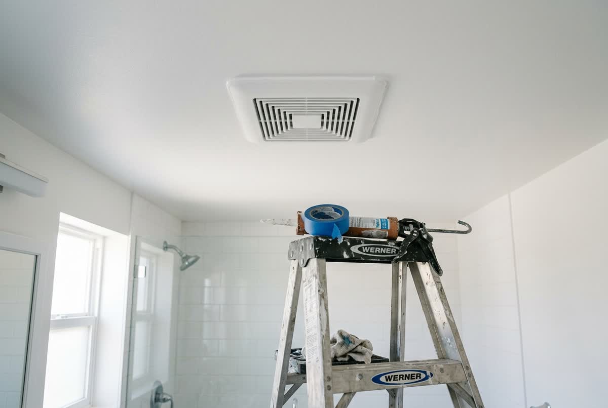 A freshly installed white bathroom exhaust fan in the ceiling above a step ladder with tape and caulk gun