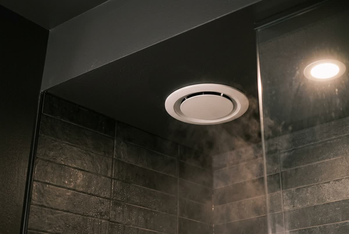 A new white exhaust fan installed in the ceiling of a dark-tiled modern bathroom