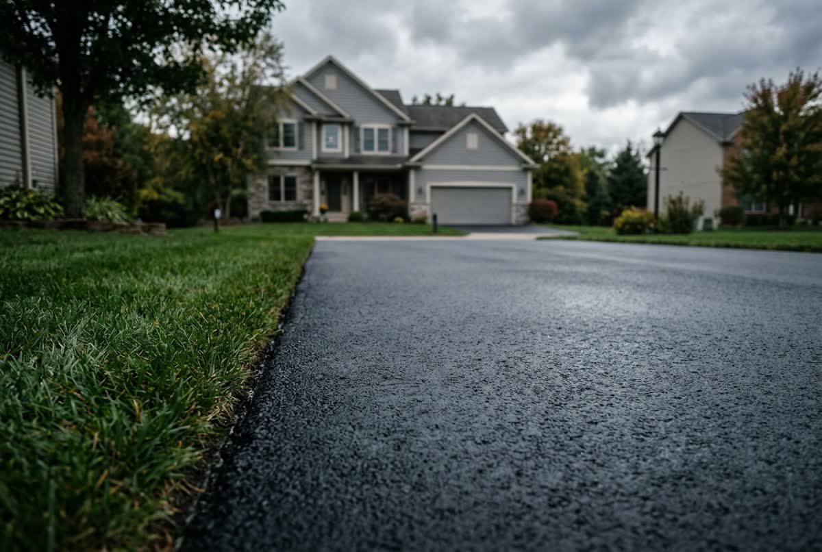 A freshly seal-coated black asphalt driveway leading to a suburban house